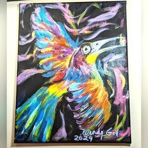 Wendy Gell Art Rainbow Bird with Pearl. Colorful bright Cheerful.